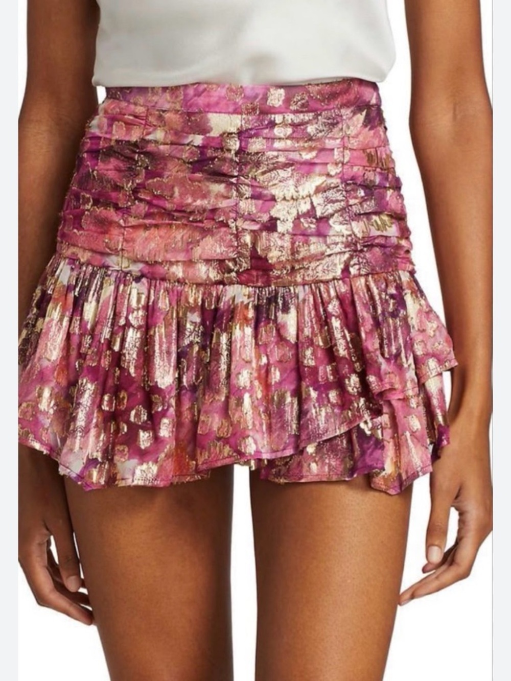 LoveShackFancy Moe Metallic Pink Ruffle Mini Skirt